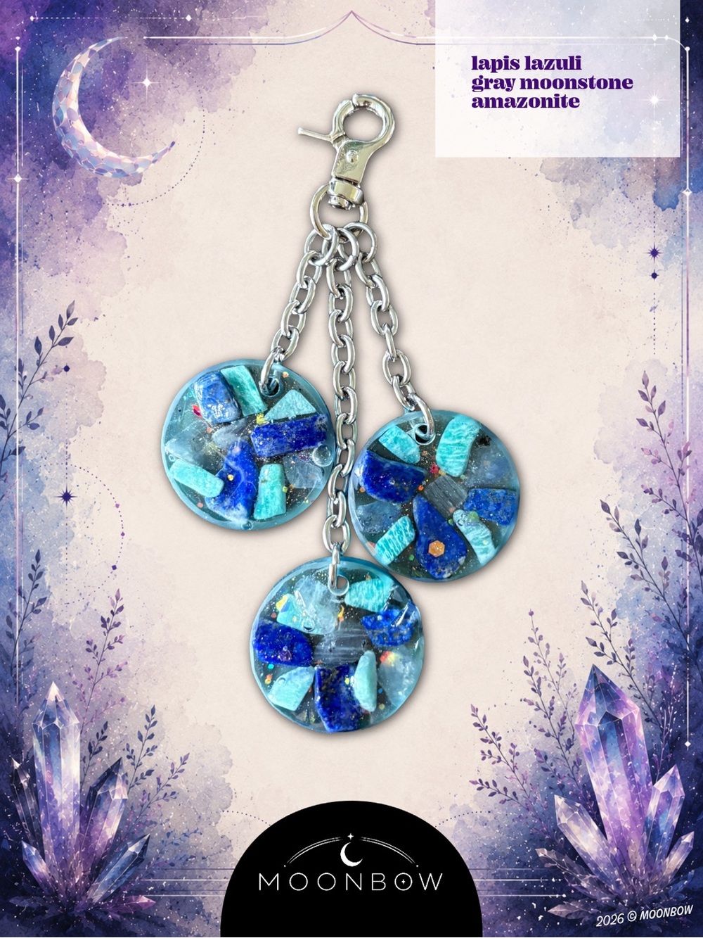 Moonbow Handmade Charm - Lapis Lazuli, Gray Moonstone, Amazonite